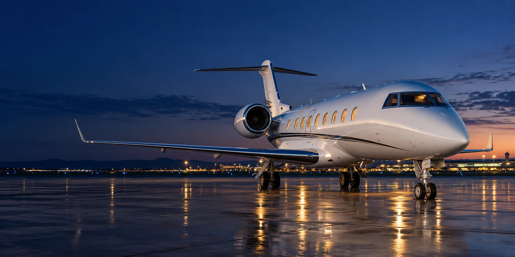 Illustrative private business jet on an airport apron at dusk